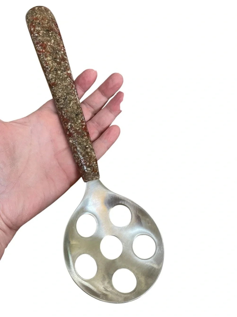 Unique vintage style kitchen tool, slotted spoon, resin? Handle